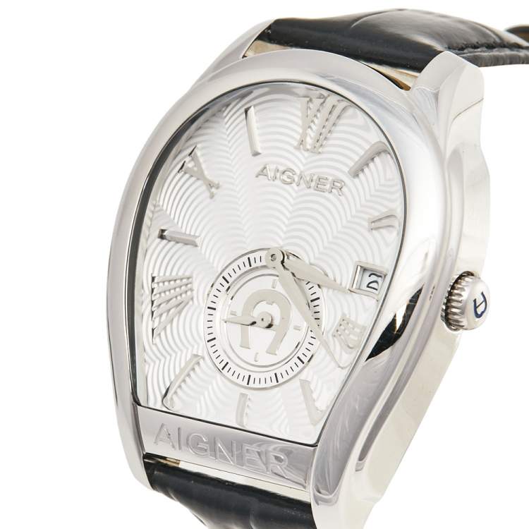 Pre Owned Aigner Silver Stainless Steel Leather Milano A131100 Men's Wristwatch 42 mm