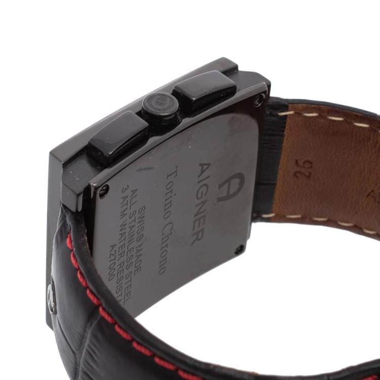 Pre Owned Aigner Black PVD Coated Stainless Steel Leather Torino Chrono A27000 Men's Wristwatch 36 mm