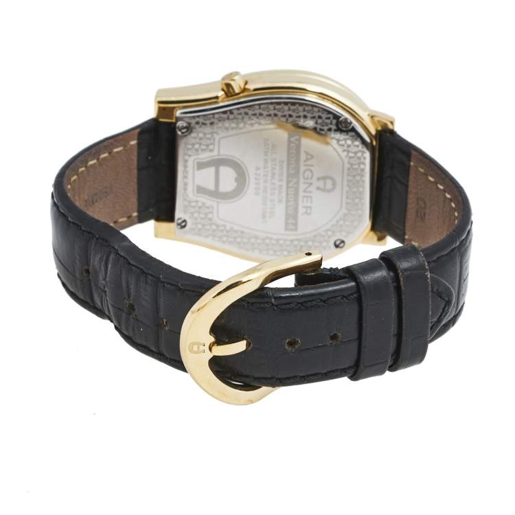 Pre Owned Aigner Black Gold Plated Stainless Steel Leather Verona Nouvo 44 A22000 Men's Wristwatch 37 mm