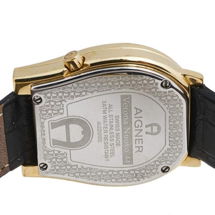 Pre Owned Aigner Black Gold Plated Stainless Steel Leather Verona Nouvo 44 A22000 Men's Wristwatch 37 mm