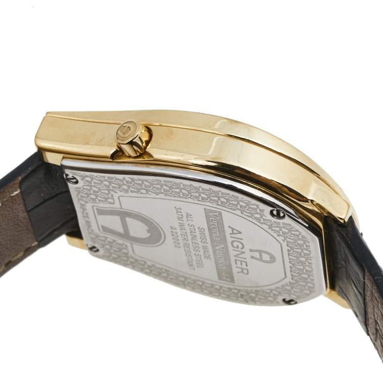 Pre Owned Aigner Black Gold Plated Stainless Steel Leather Verona Nouvo 44 A22000 Men's Wristwatch 37 mm