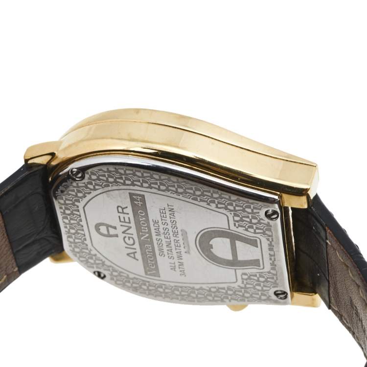 Pre Owned Aigner Black Gold Plated Stainless Steel Leather Verona Nouvo 44 A22000 Men's Wristwatch 37 mm
