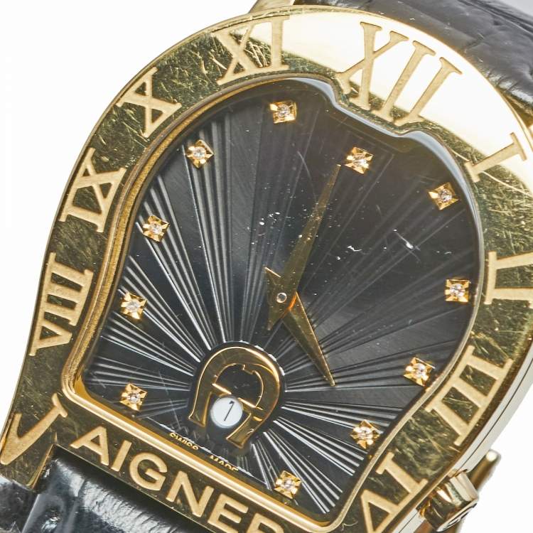 Pre Owned Aigner Black Gold Plated Stainless Steel Leather Verona Nouvo 44 A22000 Men's Wristwatch 37 mm