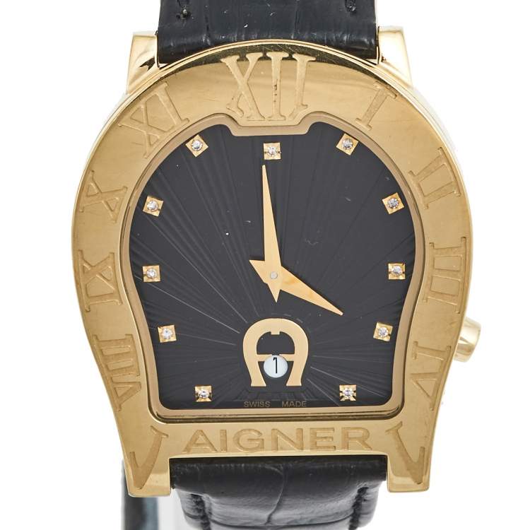 Pre Owned Aigner Black Gold Plated Stainless Steel Leather Verona Nouvo 44 A22000 Men's Wristwatch 37 mm