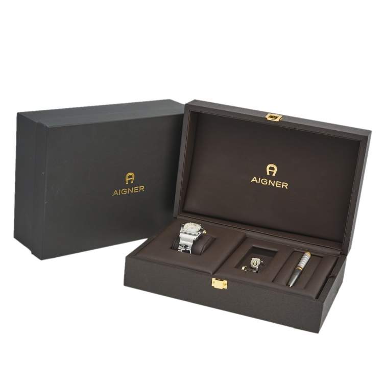 Pre Owned Aigner Silver Two Tone Stainless Steel Signa A105101 Men's Wristwatch Set 40 mm 