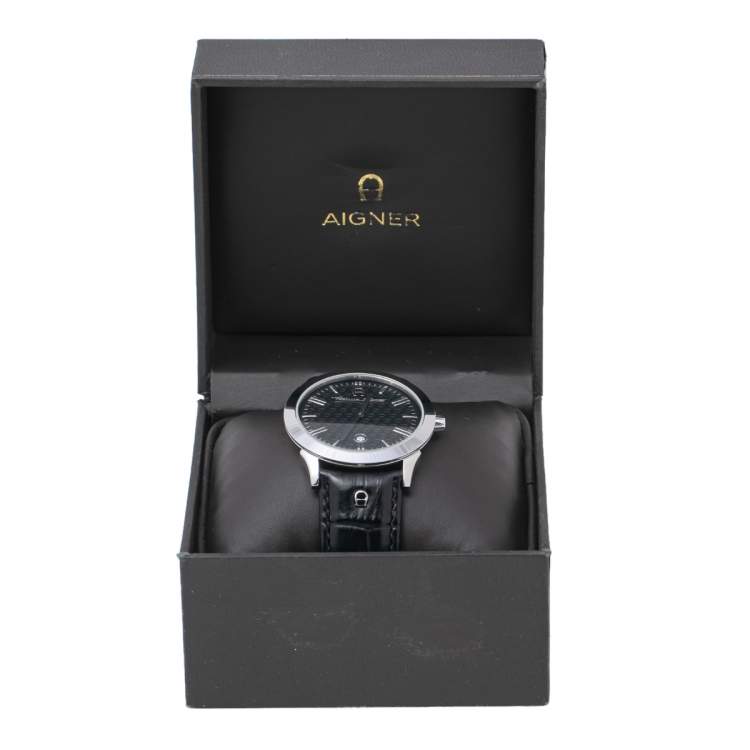 Pre Owned Etienne Aigner Black Stainless Steel Leather Treviso A44100 Men's Wristwatch 42 mm