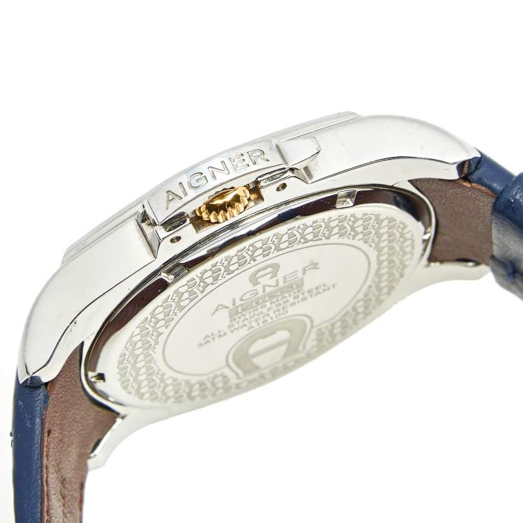 Pre Owned Aigner Blue Two Tone Stainless Steel Leather Lucca A18100 Men's Wristwatch 45 mm