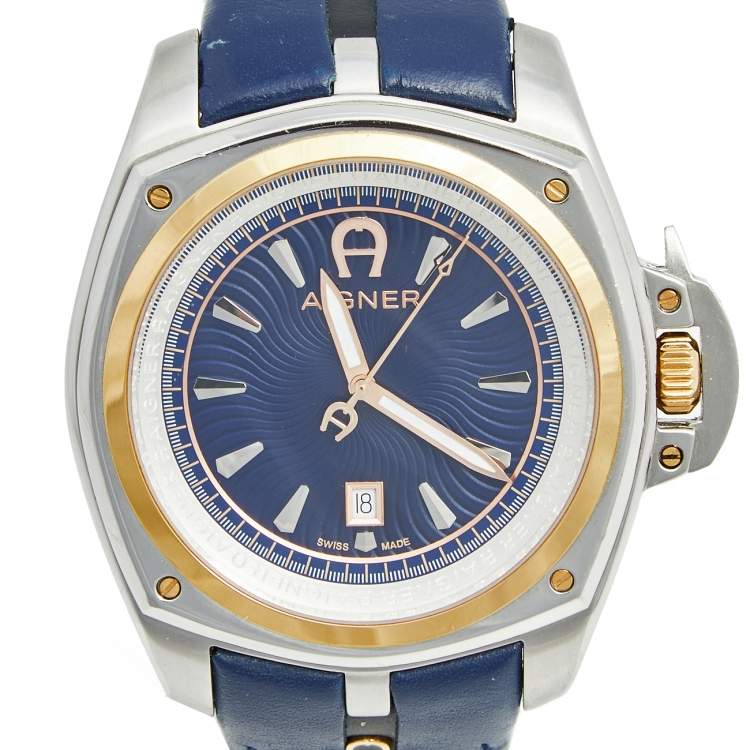 Pre Owned Aigner Blue Two Tone Stainless Steel Leather Lucca A18100 Men's Wristwatch 45 mm