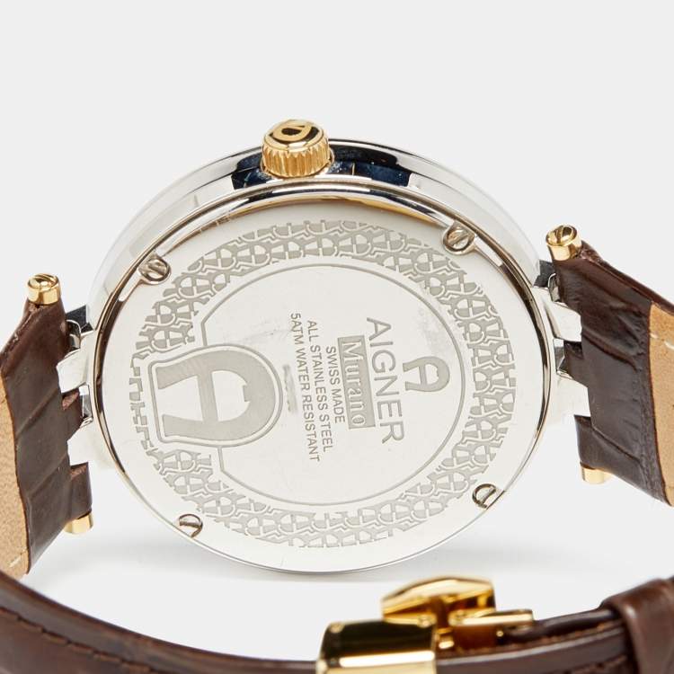 Pre Owned Aigner Silver Two Tone Stainless Steel Leather Murano A35100 Men's Wristwatch 40 mm