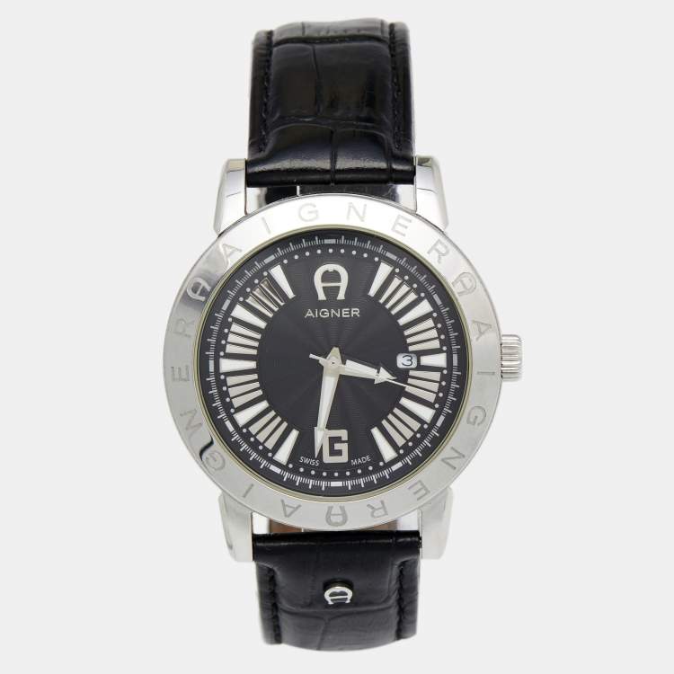 Pre Owned Aigner Black Stainless Steel Leather Cortina A26000 Men's Wristwatch 42 mm