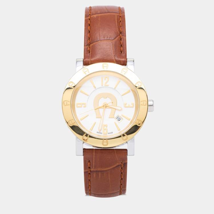 Pre Owned Aigner White Two Tone Stainless Steel Leather Cortina A26000 Men's Wristwatch 41 mm 