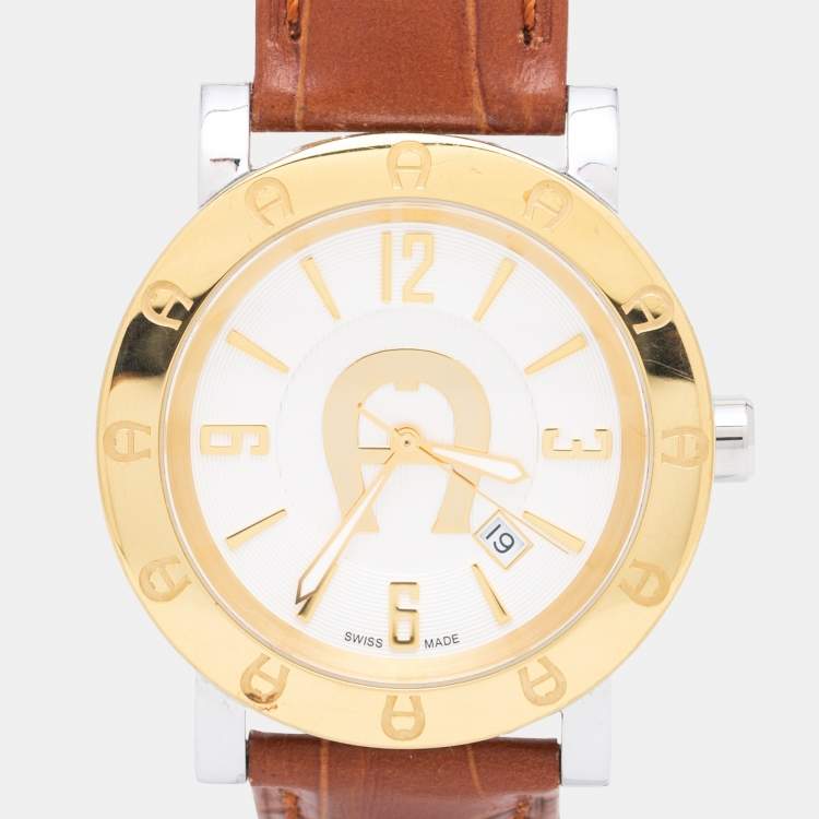 Pre Owned Aigner White Two Tone Stainless Steel Leather Cortina A26000 Men's Wristwatch 41 mm 