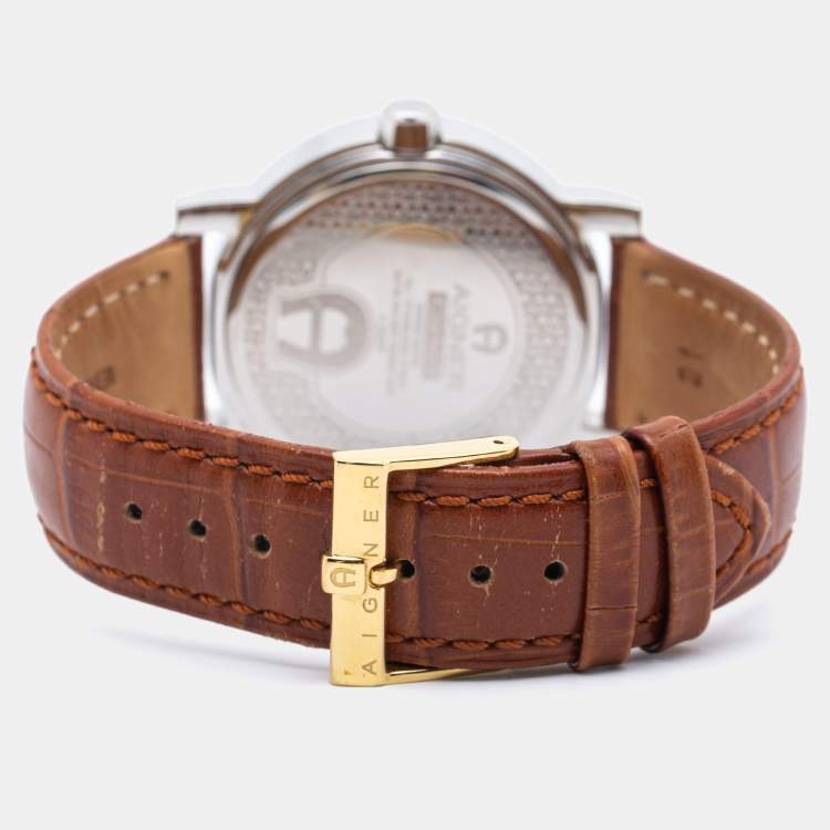 Pre Owned Aigner White Two Tone Stainless Steel Leather Cortina A26000 Men's Wristwatch 41 mm 