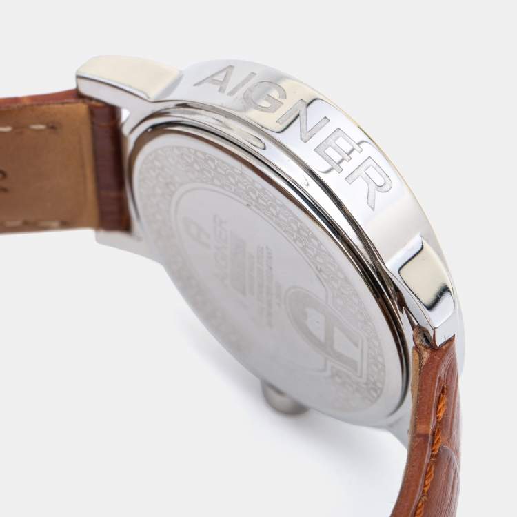 Pre Owned Aigner White Two Tone Stainless Steel Leather Cortina A26000 Men's Wristwatch 41 mm 