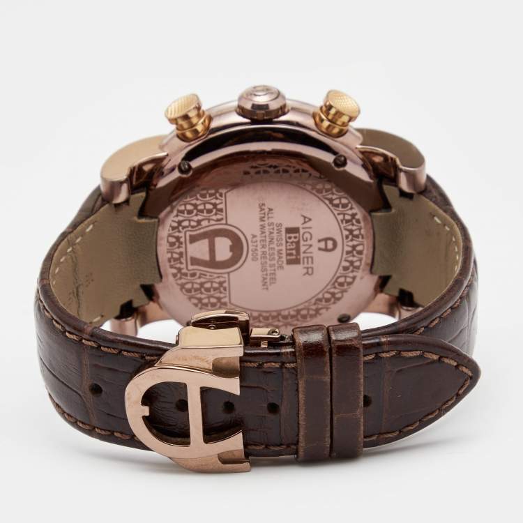 Pre Owned Aigner Brown PVD Coated Stainless Steel Leather Bari A37500 Men's Wristwatch 46 mm