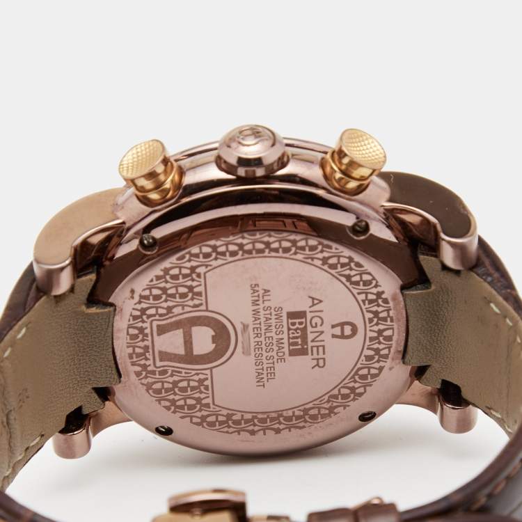 Pre Owned Aigner Brown PVD Coated Stainless Steel Leather Bari A37500 Men's Wristwatch 46 mm