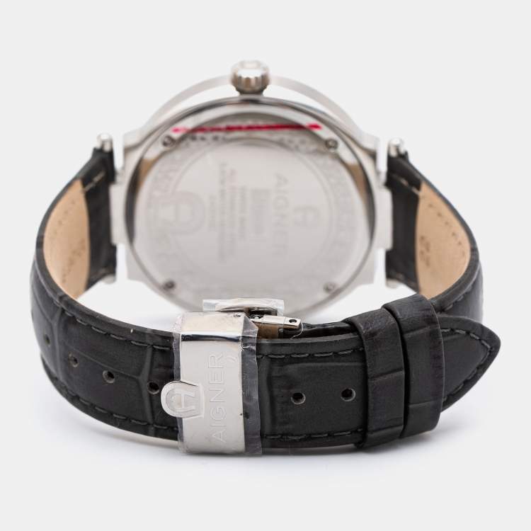 Pre Owned Aigner Grey Stainless Steel Leather Monza A133100 Men's Wristwatch 43 mm