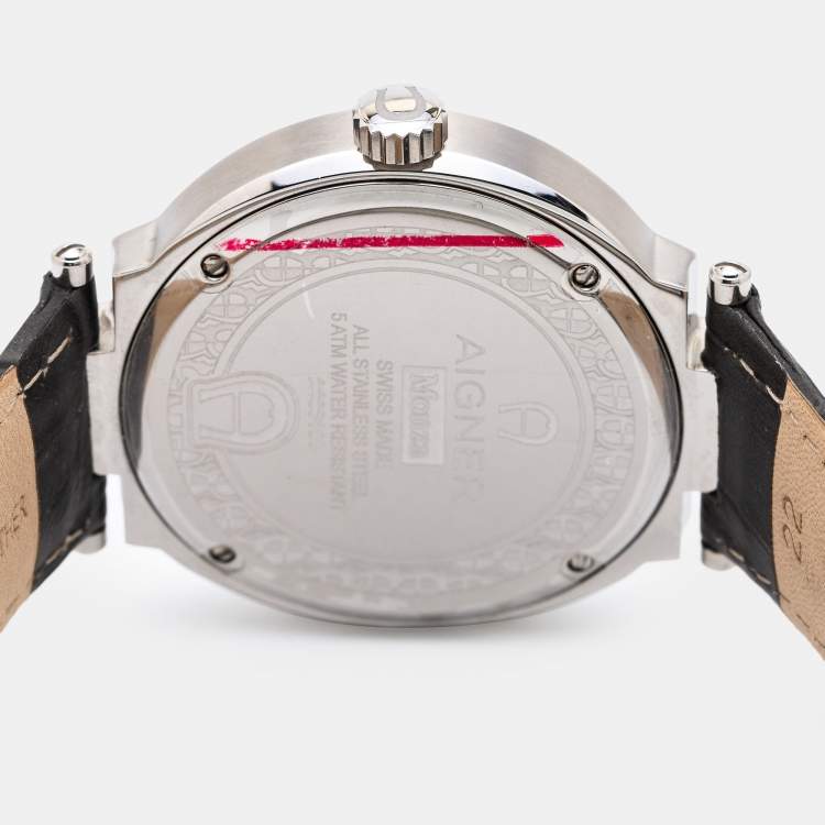 Pre Owned Aigner Grey Stainless Steel Leather Monza A133100 Men's Wristwatch 43 mm