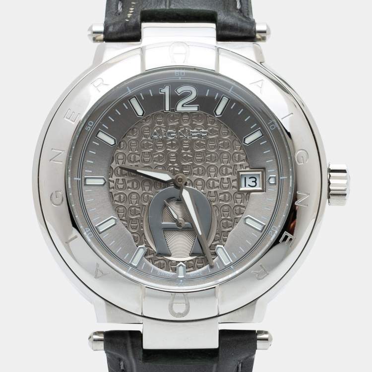 Pre Owned Aigner Grey Stainless Steel Leather Monza A133100 Men's Wristwatch 43 mm
