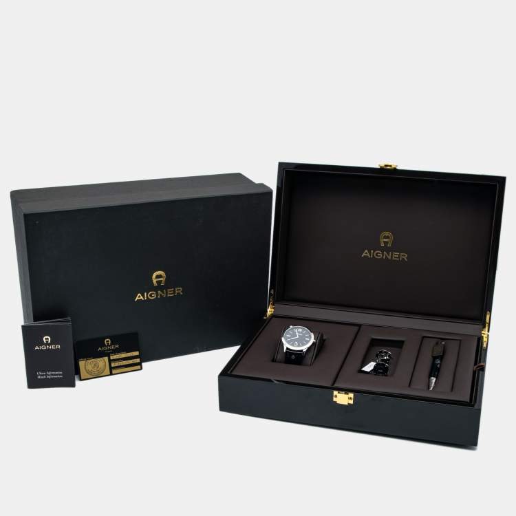 Pre Owned Aigner Black Stainless Steel Leather Treviso A44000 Men's Wristwatch 42 mm Cufflinks and Pen Set 