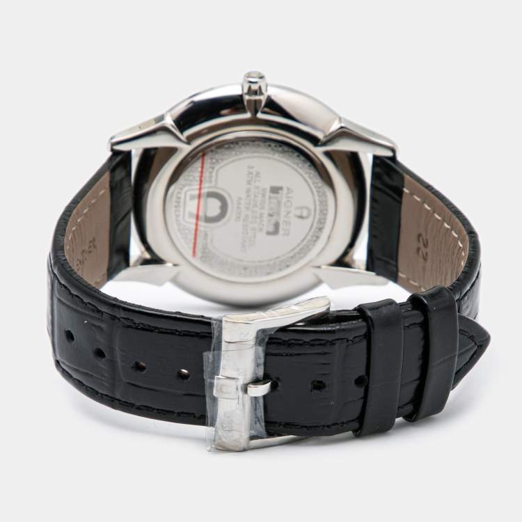 Pre Owned Aigner Black Stainless Steel Leather Treviso A44000 Men's Wristwatch 42 mm Cufflinks and Pen Set 