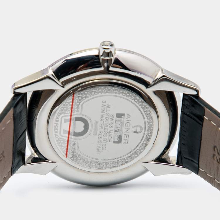 Pre Owned Aigner Black Stainless Steel Leather Treviso A44000 Men's Wristwatch 42 mm Cufflinks and Pen Set 