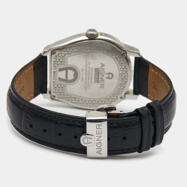 Pre Owned Aigner Silver Stainless Steel Leather Vicenza A111100 Men's Wristwatch 38 mm