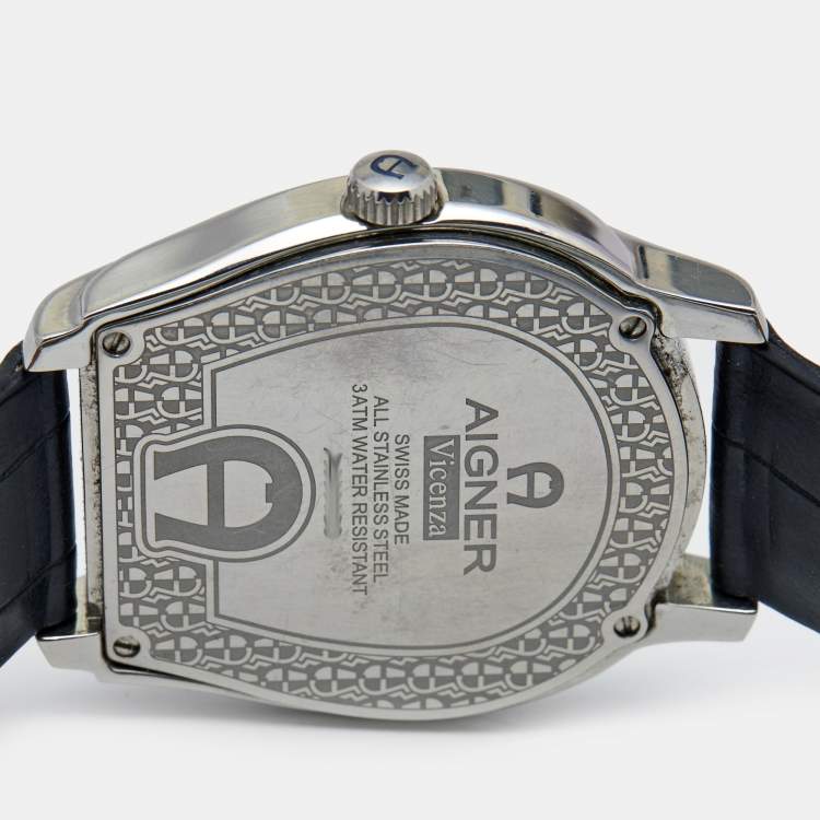 Pre Owned Aigner Silver Stainless Steel Leather Vicenza A111100 Men's Wristwatch 38 mm