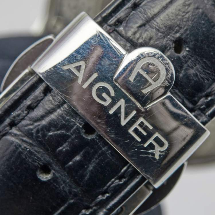Pre Owned Aigner Silver Stainless Steel Leather Vicenza A111100 Men's Wristwatch 38 mm