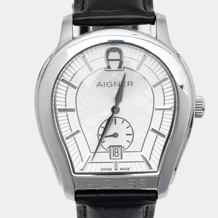 Pre Owned Aigner Silver Stainless Steel Leather Vicenza A111100 Men's Wristwatch 38 mm