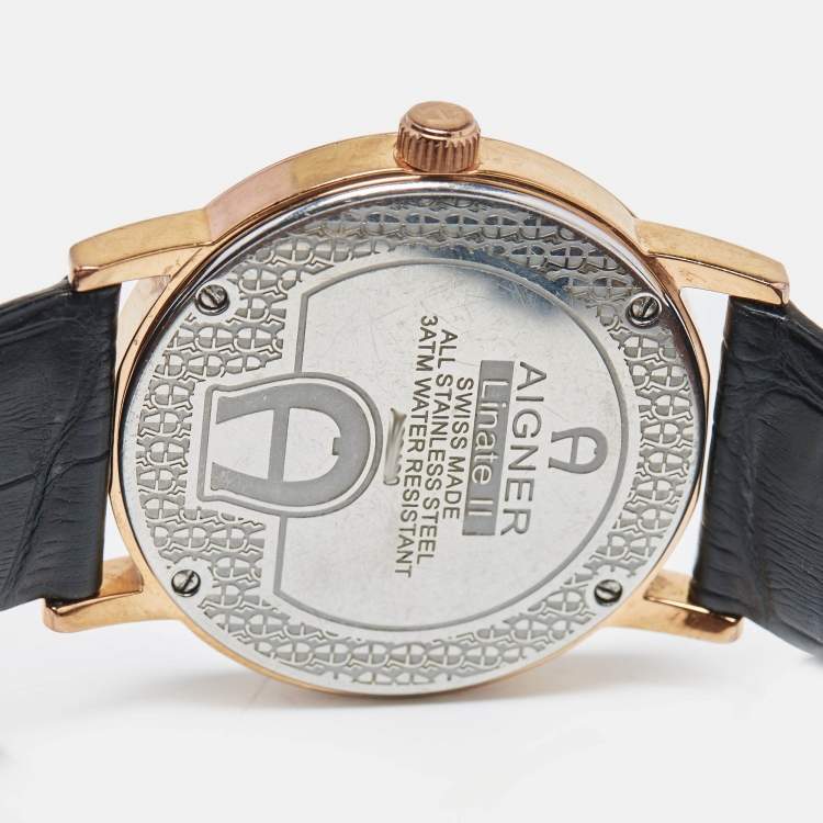Pre Owned Aigner Silver Rose Gold Plated Stainless Steel Leather Linate II A32100 Men's Wristwatch 38 mm