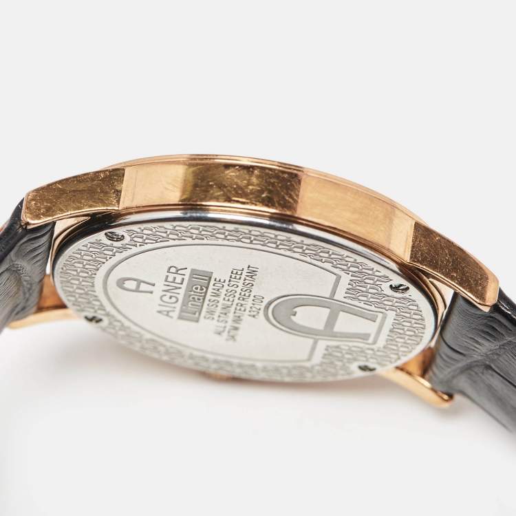 Pre Owned Aigner Silver Rose Gold Plated Stainless Steel Leather Linate II A32100 Men's Wristwatch 38 mm