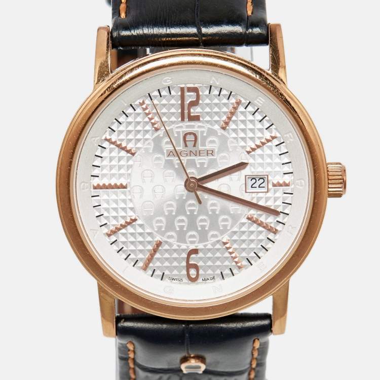 Pre Owned Aigner Silver Rose Gold Plated Stainless Steel Leather Linate II A32100 Men's Wristwatch 38 mm