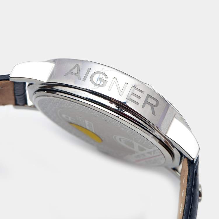 Pre Owned Aigner Silver Stainless Steel Leather Cortina A26000 Men's Wristwatch 41 mm
