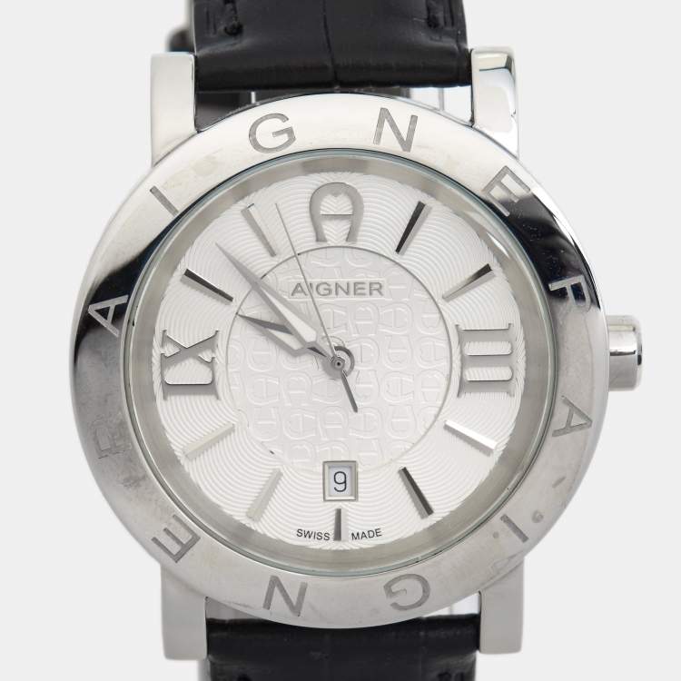 Pre Owned Aigner Silver Stainless Steel Leather Cortina A26000 Men's Wristwatch 41 mm