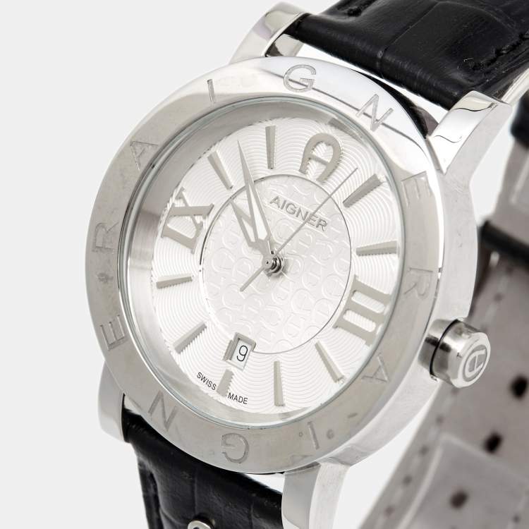 Pre Owned Aigner Silver Stainless Steel Leather Cortina A26000 Men's Wristwatch 41 mm