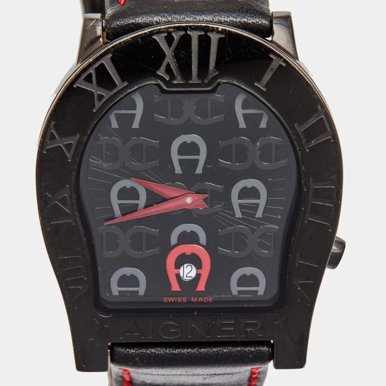 Pre Owned Aigner Black PVD Coated Stainless Steel Leather Verona Nuovo 44 A22000 Men's Wristwatch 37 mm 
