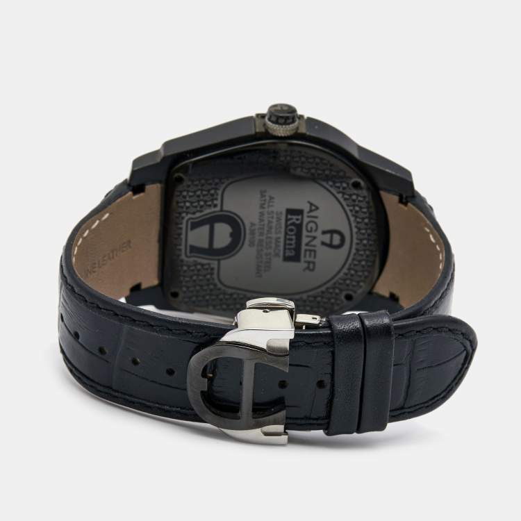 Pre Owned Aigner Silver Two Tone Stainless Steel Leather Roma A38100 Men's Wristwatch 45 mm