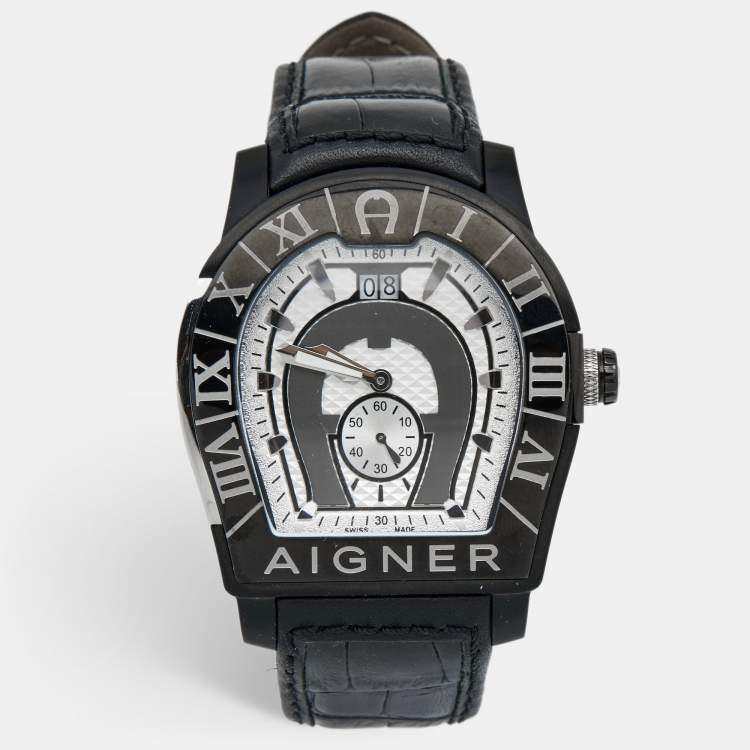 Pre Owned Aigner Silver Two Tone Stainless Steel Leather Roma A38100 Men's Wristwatch 45 mm