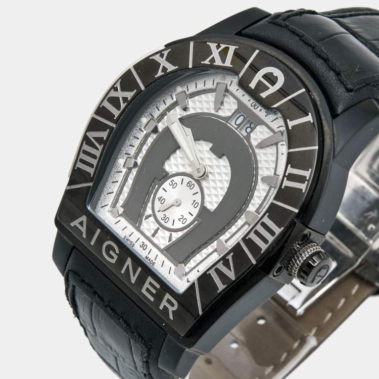 Pre Owned Aigner Silver Two Tone Stainless Steel Leather Roma A38100 Men's Wristwatch 45 mm