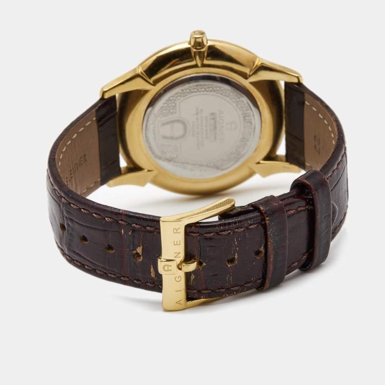 Pre Owned Aigner Silver Gold Plated Stainless Steel Leather Treviso A44000 Men's Wristwatch 42 mm 