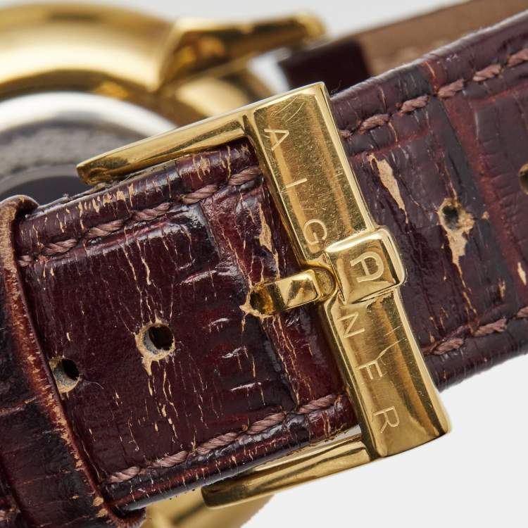 Pre Owned Aigner Silver Gold Plated Stainless Steel Leather Treviso A44000 Men's Wristwatch 42 mm 