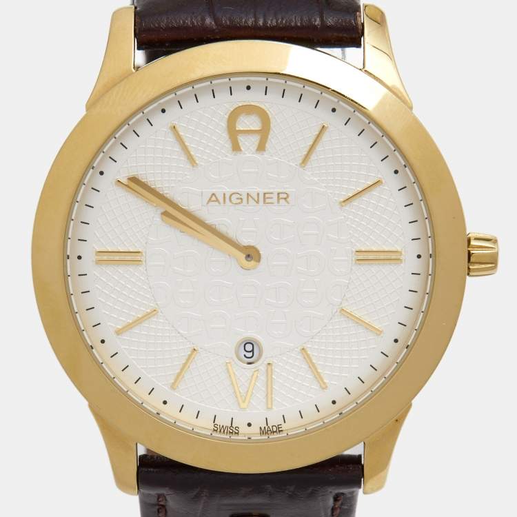 Pre Owned Aigner Silver Gold Plated Stainless Steel Leather Treviso A44000 Men's Wristwatch 42 mm 