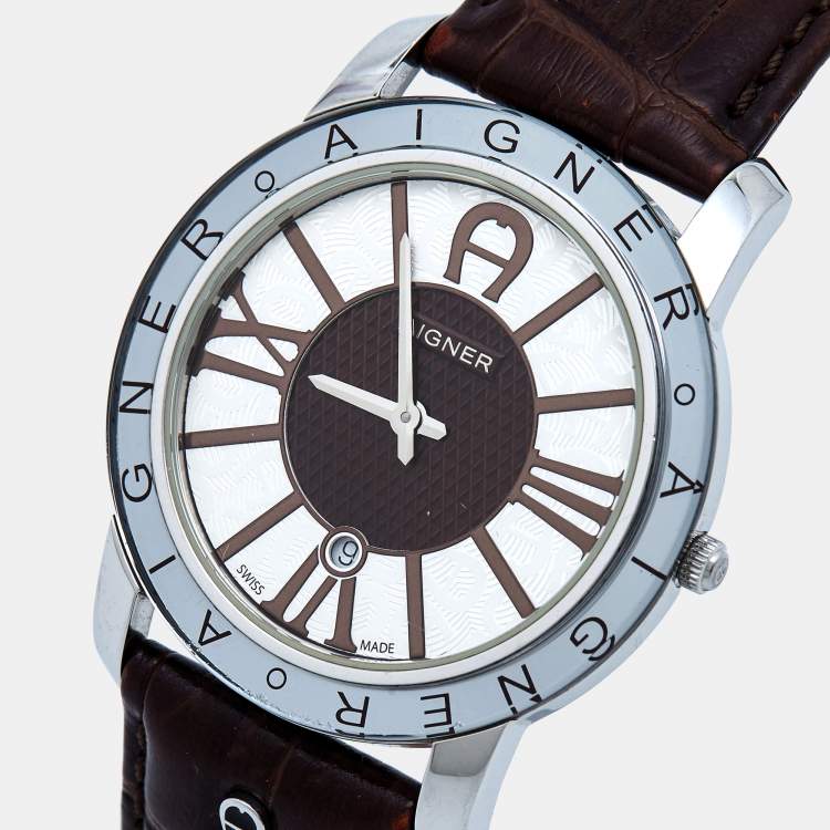 Aigner SIlver Brown Stainless Steel Leather Murano A36100 Men s