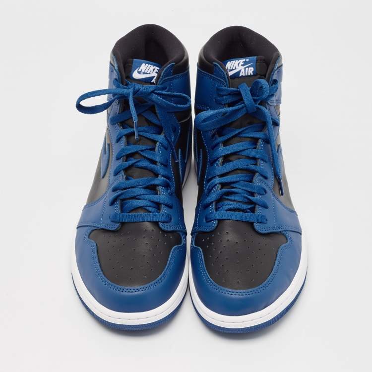 Pre Owned Air Jordans Blue/Black Leather Jordan 1 Retro High OG Dark Marina Blue Sneakers Size 48.5