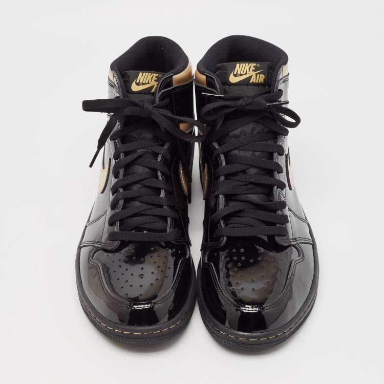 Pre Owned Air Jordans Black Patent Leather Jordan 1 Retro High Black Metallic Gold Sneakers Size 47.5