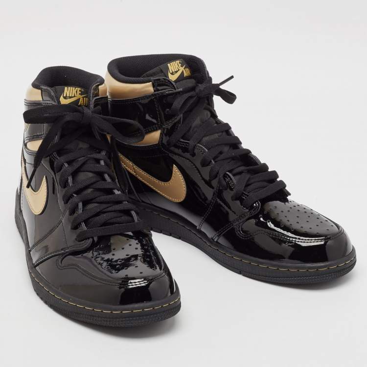 Pre Owned Air Jordans Black Patent Leather Jordan 1 Retro High Black Metallic Gold Sneakers Size 47.5