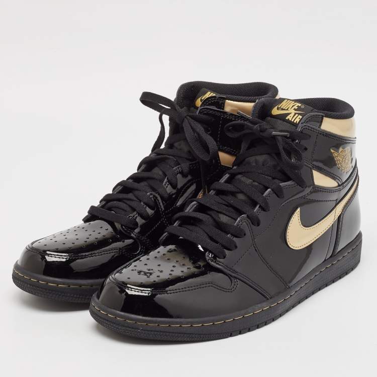 Pre Owned Air Jordans Black Patent Leather Jordan 1 Retro High Black Metallic Gold Sneakers Size 47.5