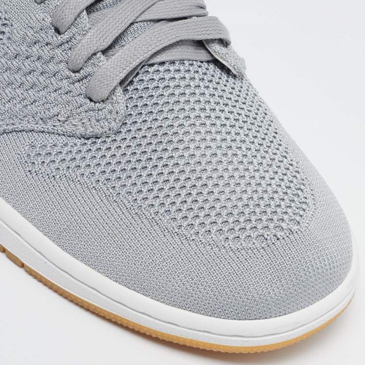 Pre Owned Air Jordans Grey Knit Fabric Jordan 1 Retro High Flyknit Wolf Grey Sneakers Size 43