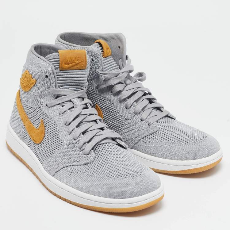 Pre Owned Air Jordans Grey Knit Fabric Jordan 1 Retro High Flyknit Wolf Grey Sneakers Size 43